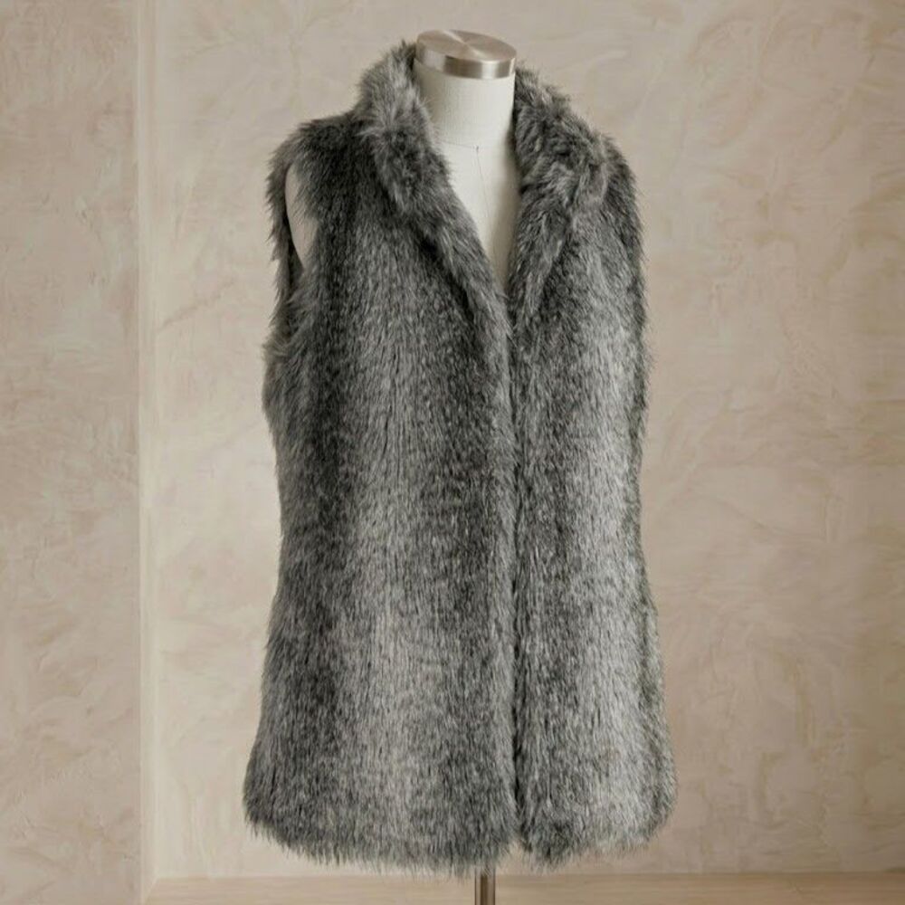 Calvin Klein Womens Faux Fur Vest Size XS Gray Silver Sleeveless Open Front